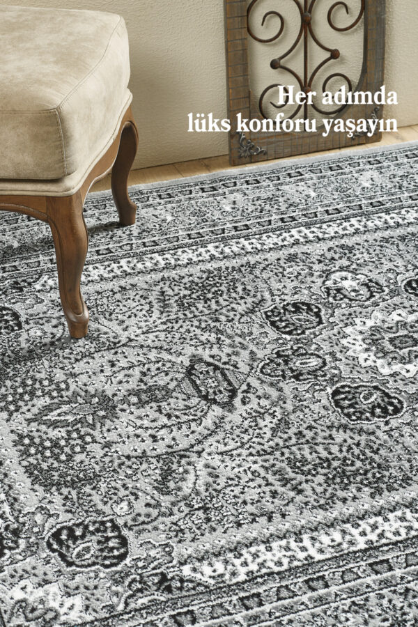 İran Tarzı Barok Süslemeli Gri Toz Vermez Oturma Odası ve Salon Halısı Sık Dokuma - Görsel 2