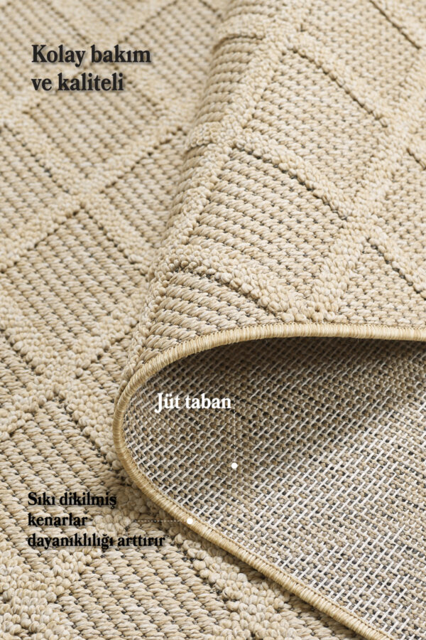 Boho Karo Desen Bej Elit Bukleli Sisal Halı Salon Oturma Odası Dış Mekan Halısı Dayanıklı - Görsel 4