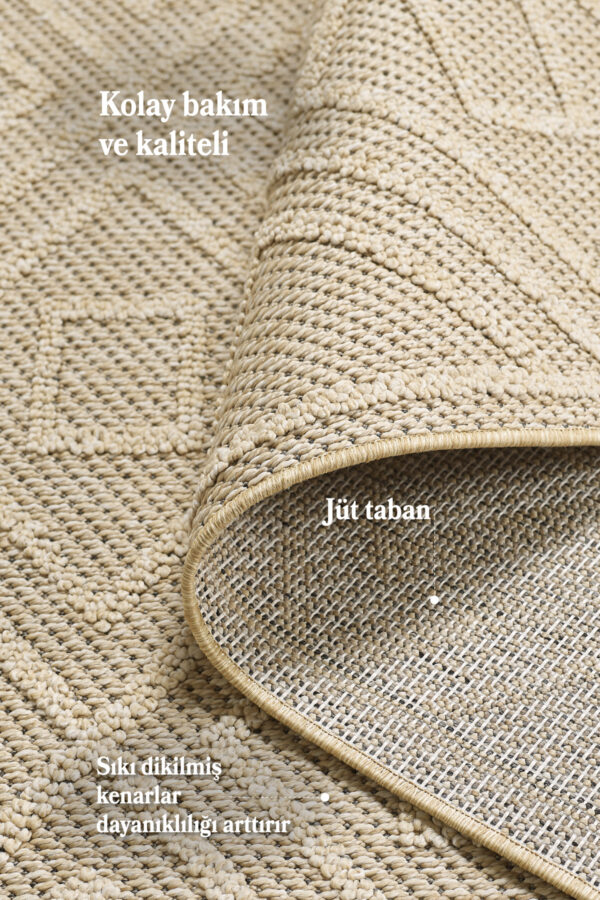 Boho Motifli Bej Elit Bukleli Sisal Halı Salon Oturma Odası Dış Mekan Halısı Dayanıklı - Görsel 4