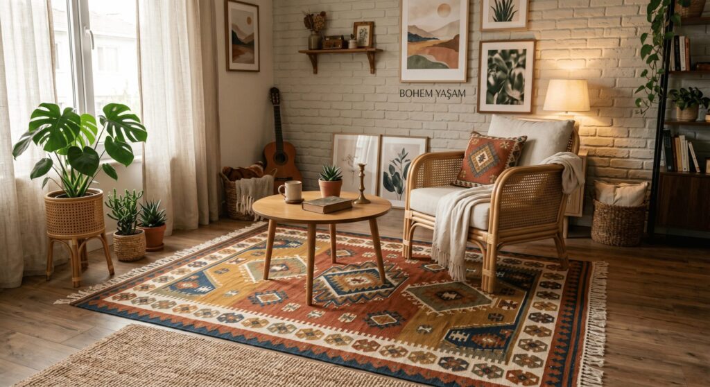 Bohem tarzda dekore edilmiş bir oturma odasında etnik desenli boho halı modeli.