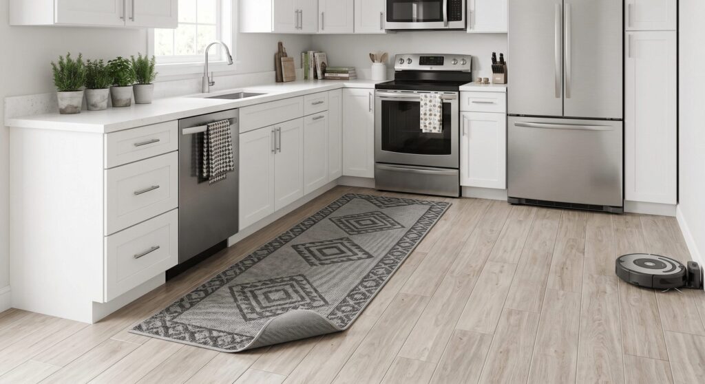 Modern beyaz bir mutfakta, tezgah önünde serili, geometrik desenli, gri ve kaymaz tabanlı mutfak halısı.